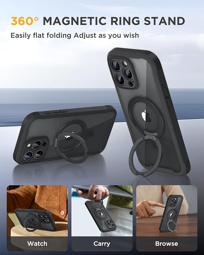Miracase for iPhone 16 Pro Max Case with 360° Magnetic Ring Stand [Compatible with Magsafe] Full-Body Drop Proof Bumper Phone Case with Built-in 9H Tempered Glass Screen Protector,Black