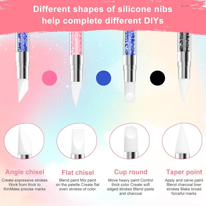 3 Pcs Nail Art Sculpture Pen, Dual Tipped Silicone Nail Tools, Silicone Head Acrylic Handle Nail Art Brushes for Design Nail Foil Carving Drawing Effect Shaping Drawing (Black, Pink, Royal Blue)