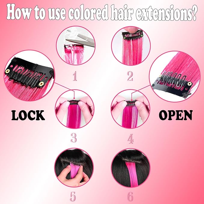 12 PCS Hot Pink Hair Extensions Clip in 22 inch, Colored Party Synthetic Neon Highlights Extensions, Rainbow Hair Accessories for Girls Women