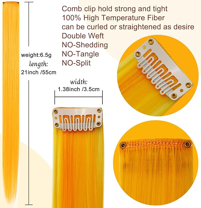12 PCS Colored Hair Extensions, Multi-colors Hairpieces Party Highlights Clip in Synthetic Hair Extensions 20 Inch for Women and Girls (Red Orange Yellow)