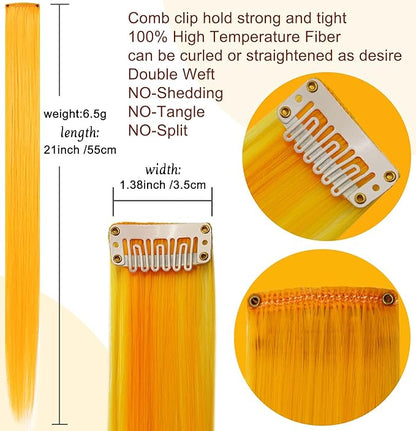 12 PCS Colored Hair Extensions, Multi-colors Hairpieces Party Highlights Clip in Synthetic Hair Extensions 20 Inch for Women and Girls (Red Orange Yellow)