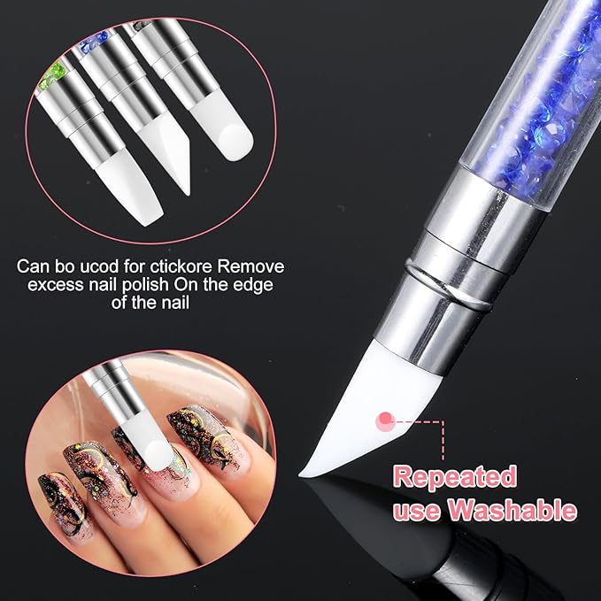 3 Pcs Nail Art Sculpture Pen, Dual Tipped Silicone Nail Tools, Silicone Head Acrylic Handle Nail Art Brushes, Rhinestone Nail Polish Carving Pen, Nail Art Tools for Home Salon(Black Green Royal Blue)