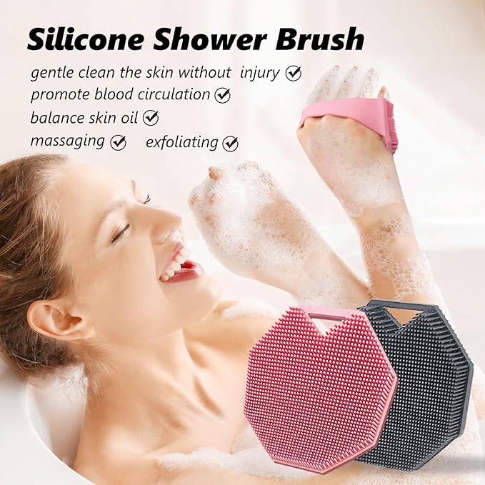 2 Pack Silicone Body Scrubber, Exfoliating Body Scrubber for Sensitive Skin, Silicone Loofah with Anti-Slippery Handle, Stays Clean Easily, Travel-Friendly for Men & Women (Gray + Purple)