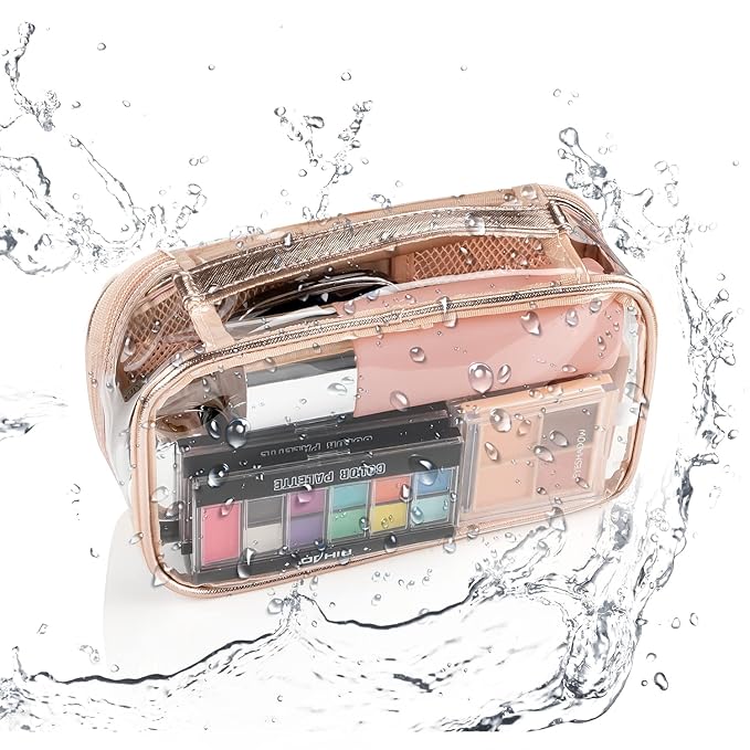 OCHEAL Clear Makeup Bag, Portable Makeup Storage Organizer Cosmetic Bag, Travel Makeup Bag Cute Clear Pouch For Women and Girls Cosmetics Bags with Divider Makeup Brush Compartment-Rose Gold