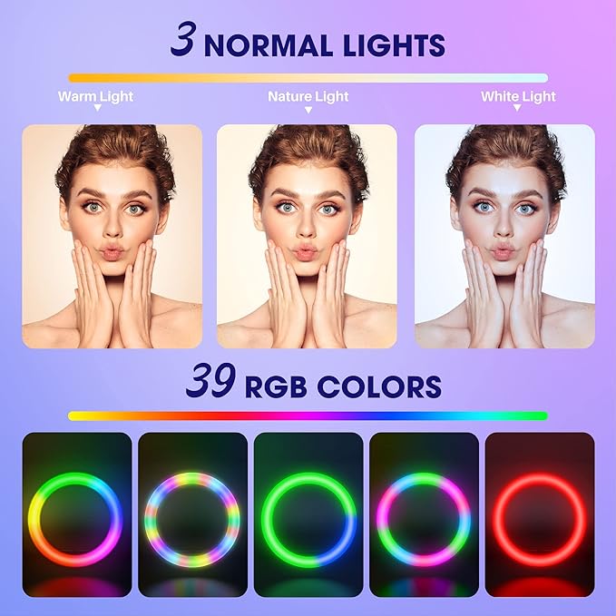 TODI 12" RGB Ring Light with 63" Tripod Stand, 3 CCT Mode and 39 Color Mode Selfie RingLight with Stand, 2-in-1 LED Ring Light with Selfie Remote, for Makeup, Live Stream