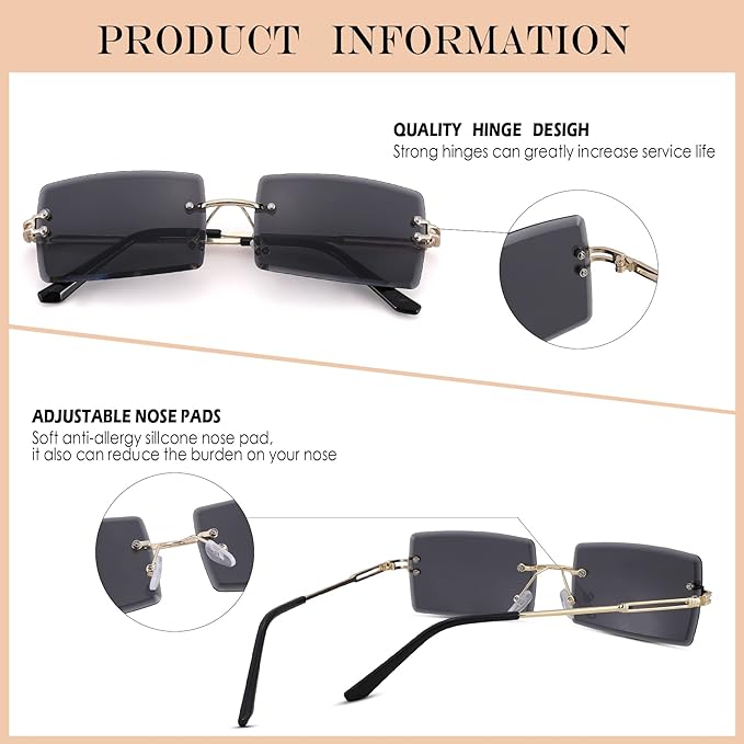 Rectangle Sunglasses for Men/Women Small Rimless Square Shade Eyewear