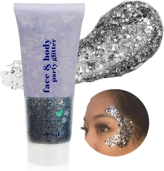 Go Ho Black Body Glitter,Halloween Black Face Paint Glitter Makeup,Holographic Chunky Sequins Glitter for Festival Cosplay SFX Costume,Festival Rave Accessories,Eye Black Face Glitter Gel