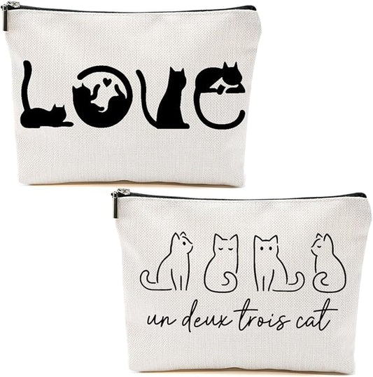 2pcs Cute Cat Themed Gifts Makeup Bags for Women, Cute Cats Minimalism Cosmetic Bag Travel Zipper Pouch for Sister Bestie, Christmas Birthday Gifts for Women Girls Cat Mom, Black and White Cats