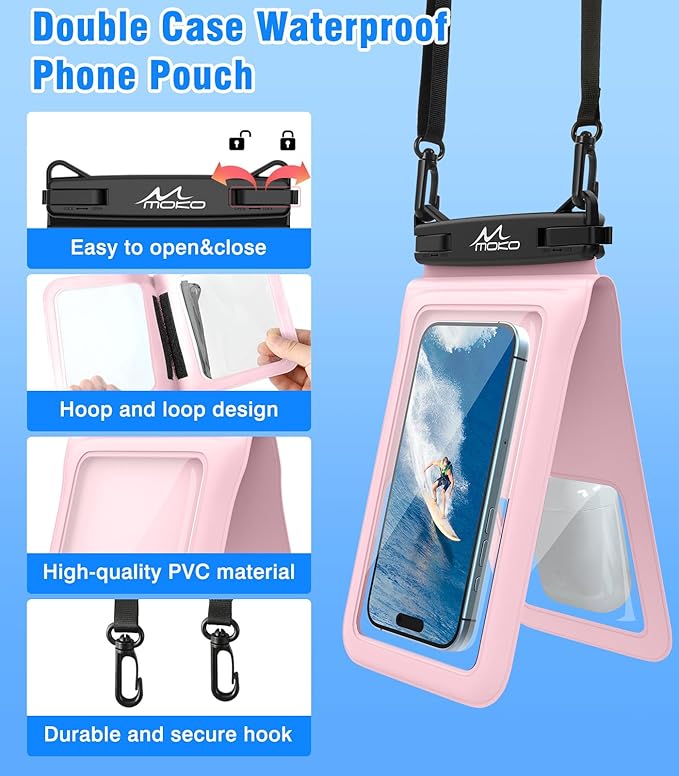 MoKo Double Case Waterproof Phone Pouch, 2Pack Waterproof Phone Case Dry Bag with Adjustable Lanyard Compatible with iPhone 15 14 Pro Max Galaxy S23 Ultra/Note 20 Ultra Up to 7 Inches, Black+Pink