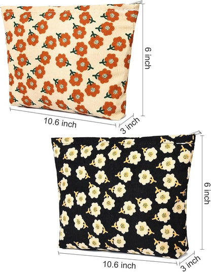2 Pieces Flower Makeup Bag Large Corduroy Cosmetic Bag Capacity Canvas Travel Toiletry Bag Organizer Cute Makeup Brushes Aesthetic Accessories Storage Bag for Women, Flower L Orang Black