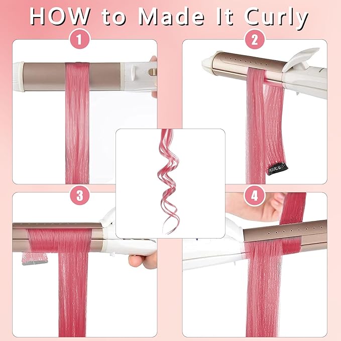 12 PCS Rose Pink Hair Extensions Clips In, Straight Pink Clip Colored Party Highlights Accessories for Women Grils Synthetic Hairpiece Straight 20 Inch