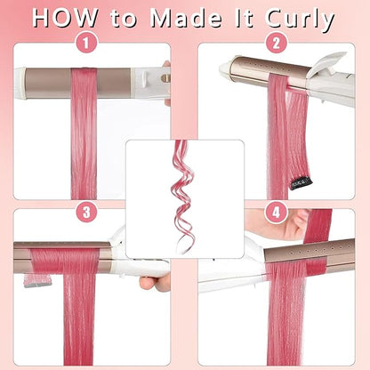 12 PCS Rose Pink Hair Extensions Clips In, Straight Pink Clip Colored Party Highlights Accessories for Women Grils Synthetic Hairpiece Straight 20 Inch