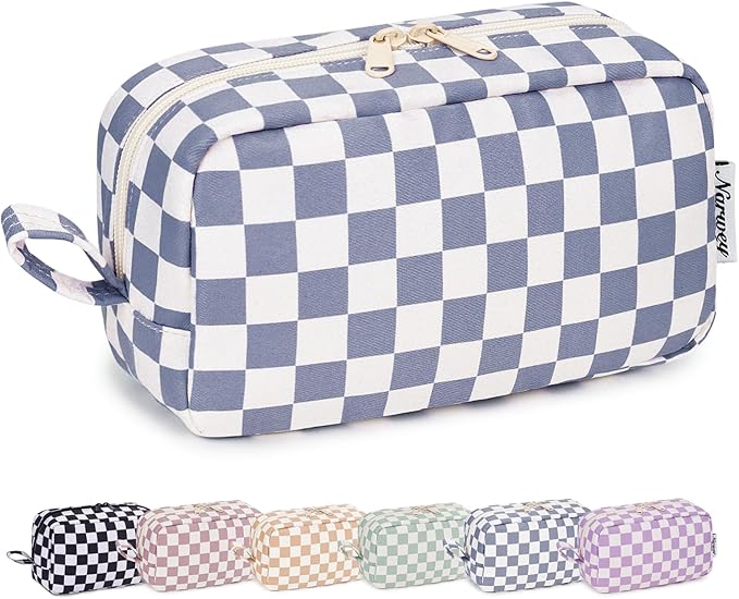 Narwey Checkered Makeup Bag Travel Cosmetic Bag Organizer Small Toiletry Bag Make Up Bags with Organzied Pockets for Women (Grayish Blue Checkerboard, Large)