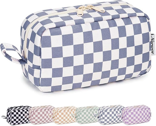 Narwey Checkered Makeup Bag Travel Cosmetic Bag Organizer Small Toiletry Bag Make Up Bags with Organzied Pockets for Women (Grayish Blue Checkerboard, Large)