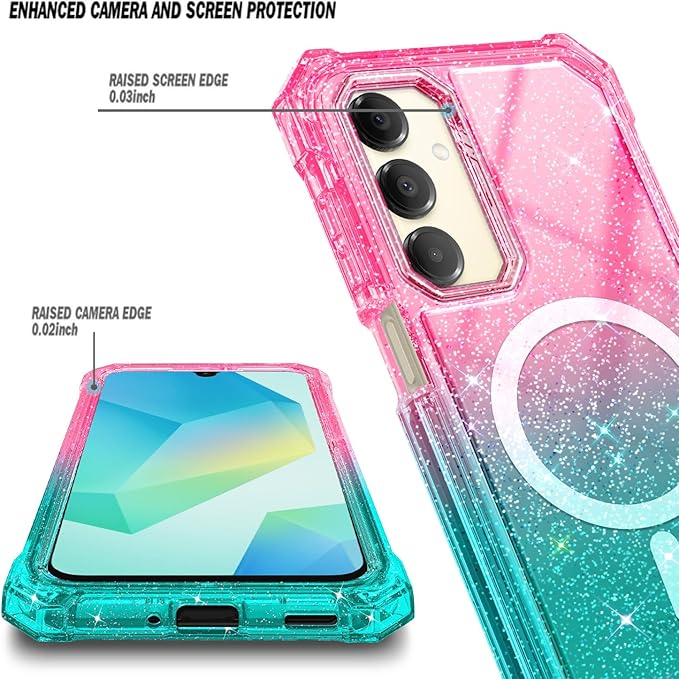 Designed for Samsung Galaxy A16 5G/4G Phone Case, Magnetic Compatible with MagSafe, [Raised Corners Drop Protection] Shockproof Protective Bumper Cover (Glitter Pink/Aqua)
