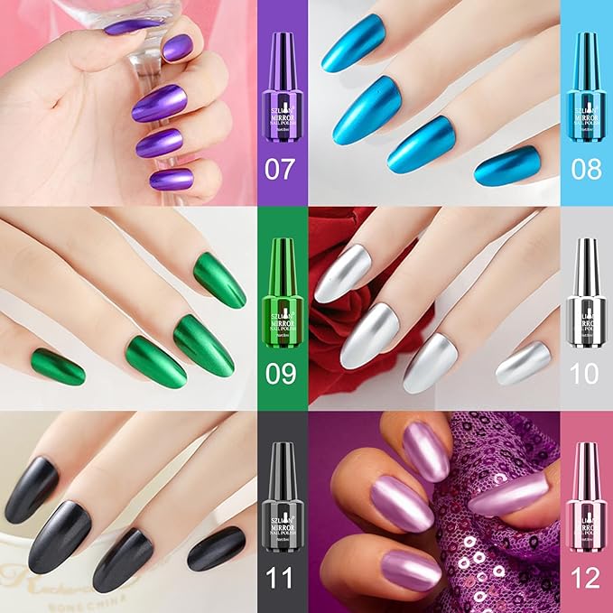 Ownest 12 Colors Mirror Nail Polish Set, Mirror Effect Long Lasting Gorgeous Glossy Manicure Nail Art Decoration, Brilliant Manicure Effect Nail Lacquers Kit-12pcs