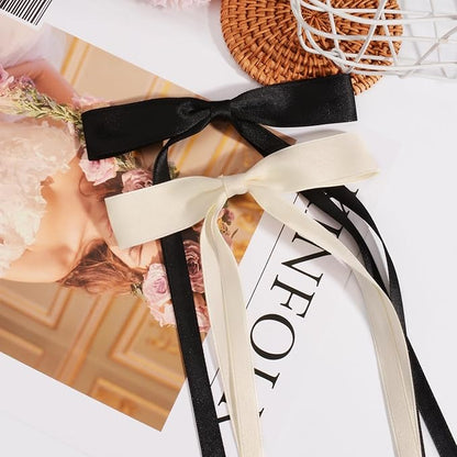 4 PCS Tassel Ribbon Bowknot Hair Clips With Long Tail for Women Girl Teens Kids, Solid Holder Fashion Bow Bowknot Hair Accessories Headwear Barrettes Claw(Black&Beige)