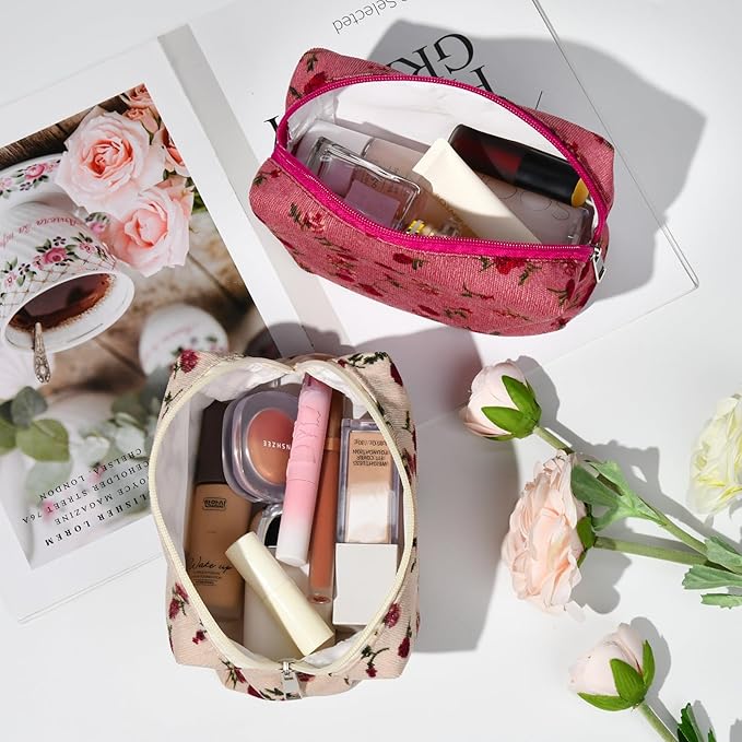 2 Pieces Makeup Bag Floral Cosmetic Bag Purple Blue Makeup Pouch Travel Toiletry Bag Organizer Cute Makeup Brushes Storage Bag for Women