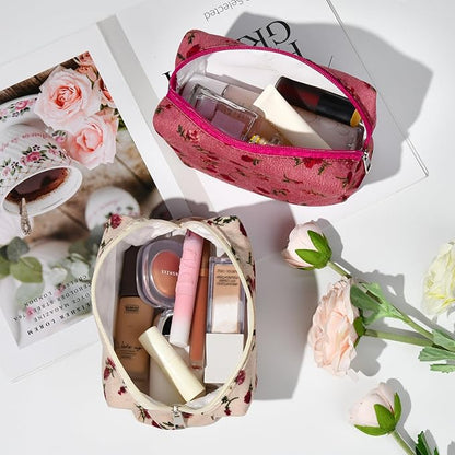 2 Pieces Makeup Bag Floral Cosmetic Bag Purple Blue Makeup Pouch Travel Toiletry Bag Organizer Cute Makeup Brushes Storage Bag for Women