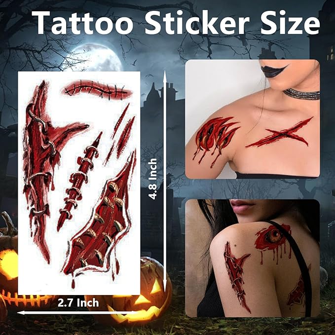 60+PCS 10 Sheets Fake Scars Temporary Tattoos, Horror Realistic Scary Blood Zombie Face Stickers, Halloween Simulation Wounds Stitches Body Makeup, Chucky Cosume Prank Cosplay Kids Men Women Adults A