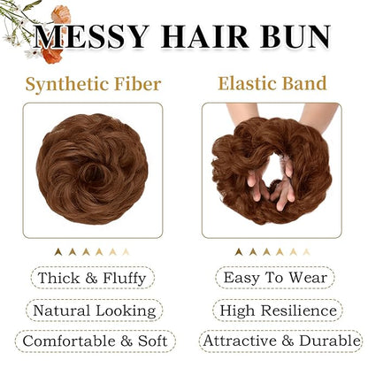 MORICA 1PCS Messy Hair Bun Hair Scrunchies Extension Curly Wavy Messy Bun Hair Synthetic Chignon Hairpieces for Women(Light Golden Auburn##)