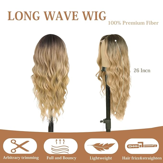 26 inch Lace Hairline Long Ombre Blonde Wigs for Women, Middle Part Long Curly Wig Heat Resistant Synthetic Hair Looking Natural, Fiber Wig for Daily Party Use