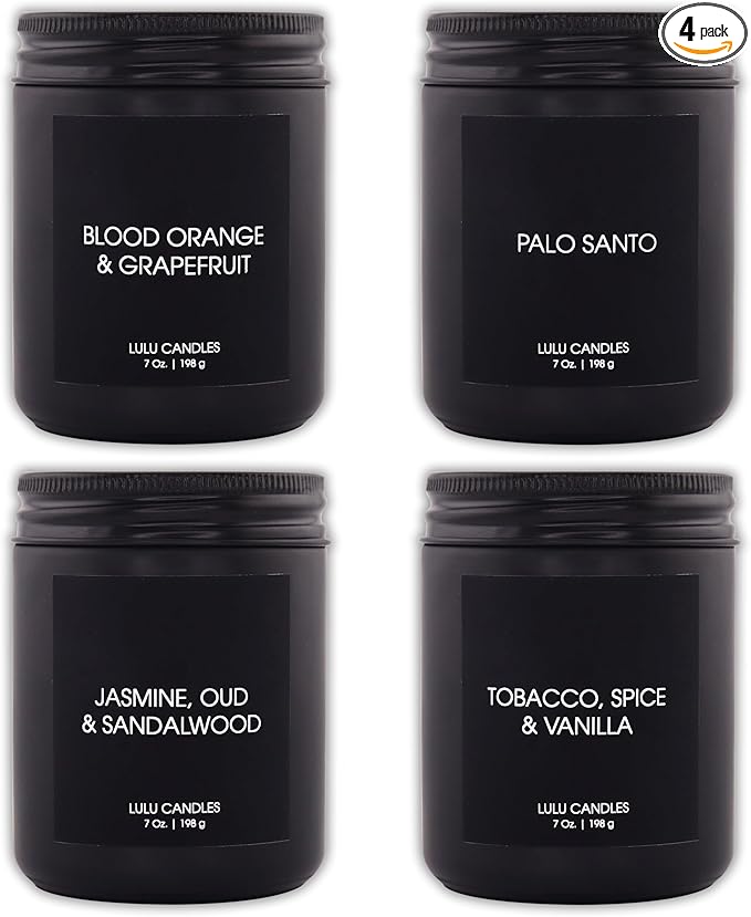 Lulu Candles | 4 Pack Scented Candles Gift Set | Gift Set for Home, Men, and Women | Jasmine, Oud & Sandalwood, Blood Orange & Grapefruit, Tobacco, Spice & Vanilla, and Palo Santo (4PCS - 7 Oz/Each)