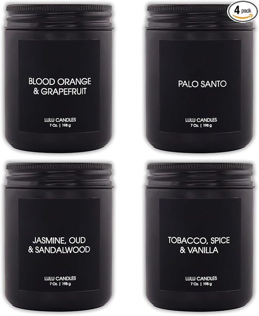 Lulu Candles | 4 Pack Scented Candles Gift Set | Gift Set for Home, Men, and Women | Jasmine, Oud & Sandalwood, Blood Orange & Grapefruit, Tobacco, Spice & Vanilla, and Palo Santo (4PCS - 7 Oz/Each)