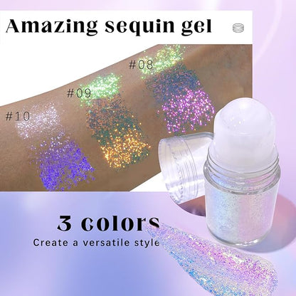 Roll-on Holographic Body Glitter Gel for Face Hair, Chameleon Color Changing Glitter Gel Under Light, Chunky Mermaid Sequins Festival Party Rave Accessories Shimmer Makeup (10# Neon Violet)