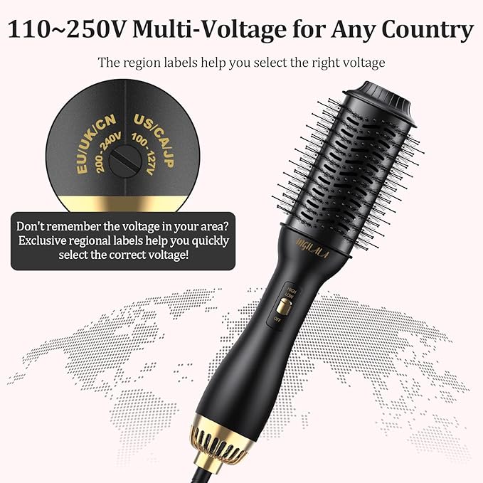 110~250V Dual Voltage Hair Dryer Brush for International Travel, EU/UK Plug Adapter & Travel Case Included, Europe Travel Essentials for Women