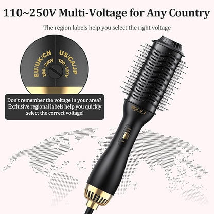 110~250V Dual Voltage Hair Dryer Brush for International Travel, EU/UK Plug Adapter & Travel Case Included, Europe Travel Essentials for Women