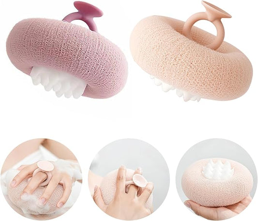 2-in-1 Sunflower Shower Sponge with Suction Cup | Exfoliating Bath Sponge for Soft Skin | Hypoallergenic & Eco-Friendly Body Scrubber for Spa-Like Luxury (Purple Meat Powder)