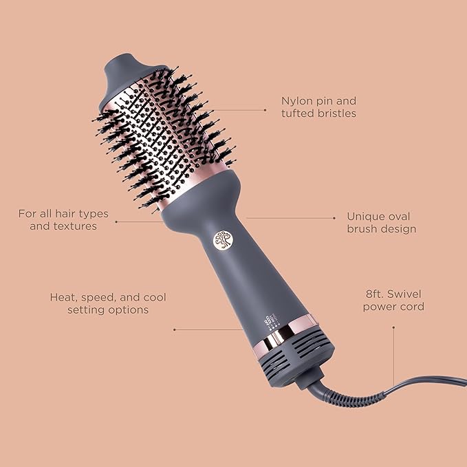 Hairitage Volumizing One Step Blow Dry Brush + Hair Dryer for Curling + Straightening - Ceramic Tourmaline Blowout Brush + Volumizer - Hair Styler for Smooth Shiny, Frizz-Free Styles - Matte Grey
