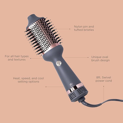 Hairitage Volumizing One Step Blow Dry Brush + Hair Dryer for Curling + Straightening - Ceramic Tourmaline Blowout Brush + Volumizer - Hair Styler for Smooth Shiny, Frizz-Free Styles - Matte Grey