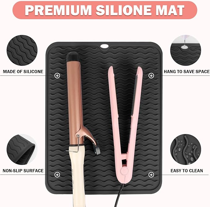 Oversize Silicone Heat Resistant Mat for Curling Iron, Hair Straightener, Flat Irons and Hot Hair Styling Tools, Portable Wrap Pad Cover for Home Vanity Travel(14.2" x 11")