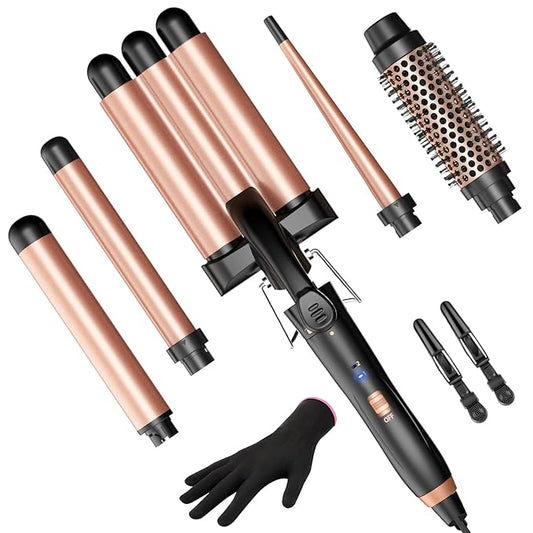 5 in 1 Curling Iron Curling Wand, Curling Iron Set with A Thermal Brush, A 3-Barrel Hair Crimper Iron, 3 Ceramic Curling Irons (0.35 "-1.25"), 2 Temps 30S Fast Heat Hair Curler Waver with Glove & Clip