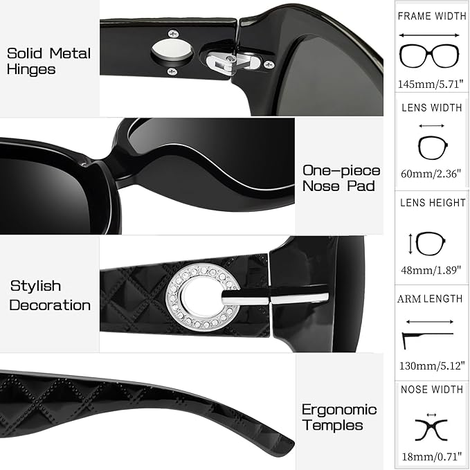 Joopin Big Womens Sunglasses Polarized Trendy Sun Glasses Large Rectangle UV Protection Rhinestone Sunnies
