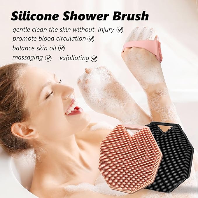 2 Pack Silicone Body Scrubber, Exfoliating Body Scrubber for Sensitive Skin, Silicone Loofah with Anti-Slippery Handle, Stays Clean Easily, Travel-Friendly for Men & Women (Black + Pink)