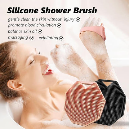 2 Pack Silicone Body Scrubber, Exfoliating Body Scrubber for Sensitive Skin, Silicone Loofah with Anti-Slippery Handle, Stays Clean Easily, Travel-Friendly for Men & Women (Black + Pink)