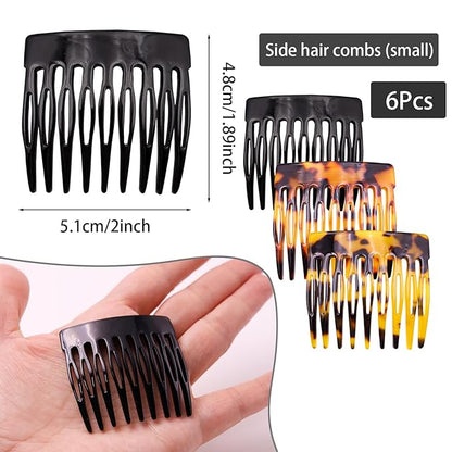 6 Pcs French Hair Side Combs Small Decorative French Twist Hair Styling Accessories, Strong Hold Hair Comb Clips for Women (Bllack, Yellow Acetate, Red Acetate)