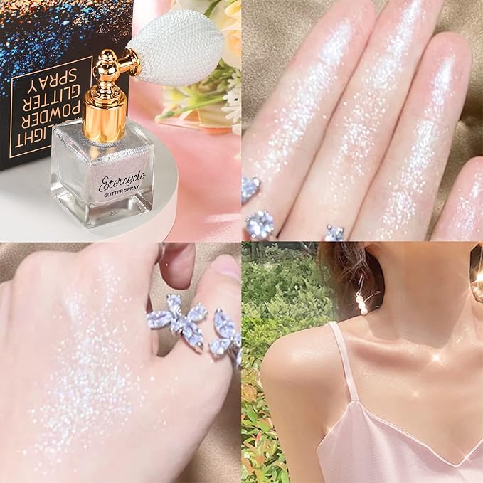 Etercycle White Body Glitter Spray, Shimmering Spray Powder Sparkle Powder, Cosmetic Shimmer Makeup Glitter for Hair and Body Face Clothes Nail Art Craft Design Easter Christmas Halloween Crafts