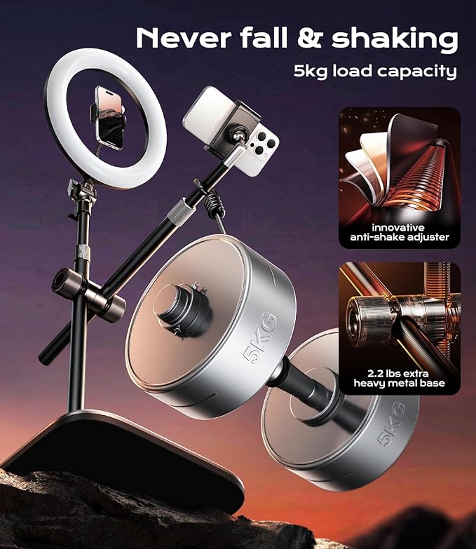 Overhead Phone Mount,Overhead Camera Mount Stand[Anti-Shaking] with 10.5" Ring Light,Desk Stand for iPhone with Ring Light for Video Recording,Zoom Meeting,YouTube,TikTok