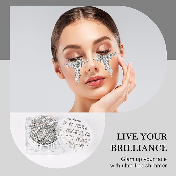 Glitter Body Face Hair Makeup Festival Gel, 6 Shapes Clear Silver Rave Glitter Face Pain Glitter Eyeshadow for Kids Women Girls Singer Concerts Festival Rave Accessories