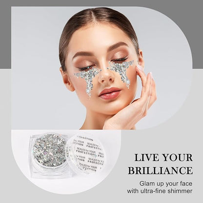 Glitter Body Face Hair Makeup Festival Gel, 6 Shapes Clear Silver Rave Glitter Face Pain Glitter Eyeshadow for Kids Women Girls Singer Concerts Festival Rave Accessories