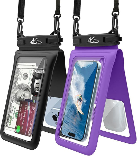 MoKo Double Case Waterproof Phone Pouch, 2Pack Waterproof Phone Case Dry Bag with Adjustable Lanyard Compatible with iPhone 15 14 Pro Max Galaxy S23 Ultra/Note 20 Ultra Up to 7 Inches, Black+Purple