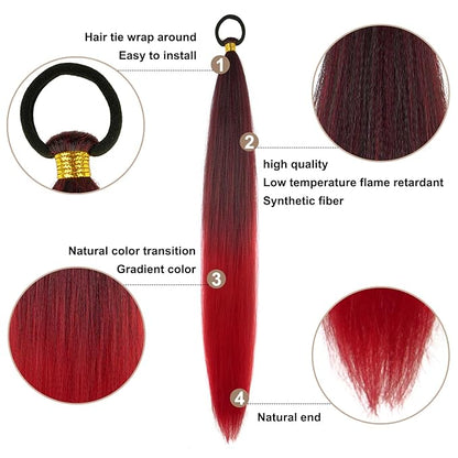 2 Pack Braid Ponytail Extension with Elastic Tie Straight Sleek Wrap Around Braid Wig Ponytail Black Red gradient 26 Inch (Black/Red)