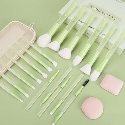 18pcs Colorful Makeup Brush Set with Make up Bag and Sponge Applicators for Liquid Foundation - Professional Cosmetics Tools Blush Blending Blender Brushes Gift Pack (Green)