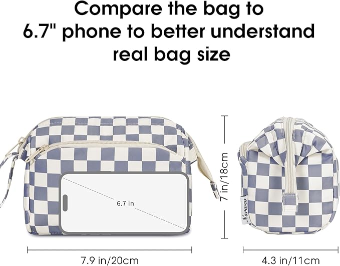 Narwey Checkered Makeup Bag Women Wide-open Make up Bag Travel Cosmetic Bag Organizer Toiletry Bag for Cosmetics Toiletries Accessories (Greyish Blue Checkerboard)