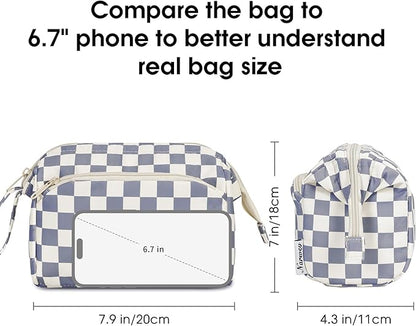 Narwey Checkered Makeup Bag Women Wide-open Make up Bag Travel Cosmetic Bag Organizer Toiletry Bag for Cosmetics Toiletries Accessories (Greyish Blue Checkerboard)