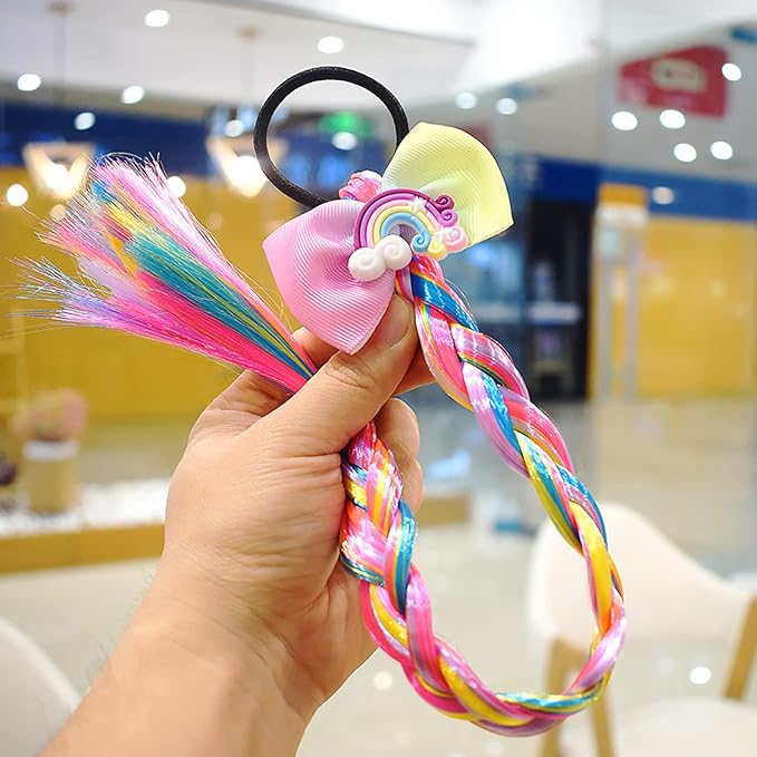6Pcs Girls Colored Braids Hair Extensions with Rubber Bands, Rainbow Braided Hairpieces Hair Bows Wig Ponytails Kids Favor DIY Hairs Accessories for Girls Gift Birthday Party Cosplay Daily Dress Up